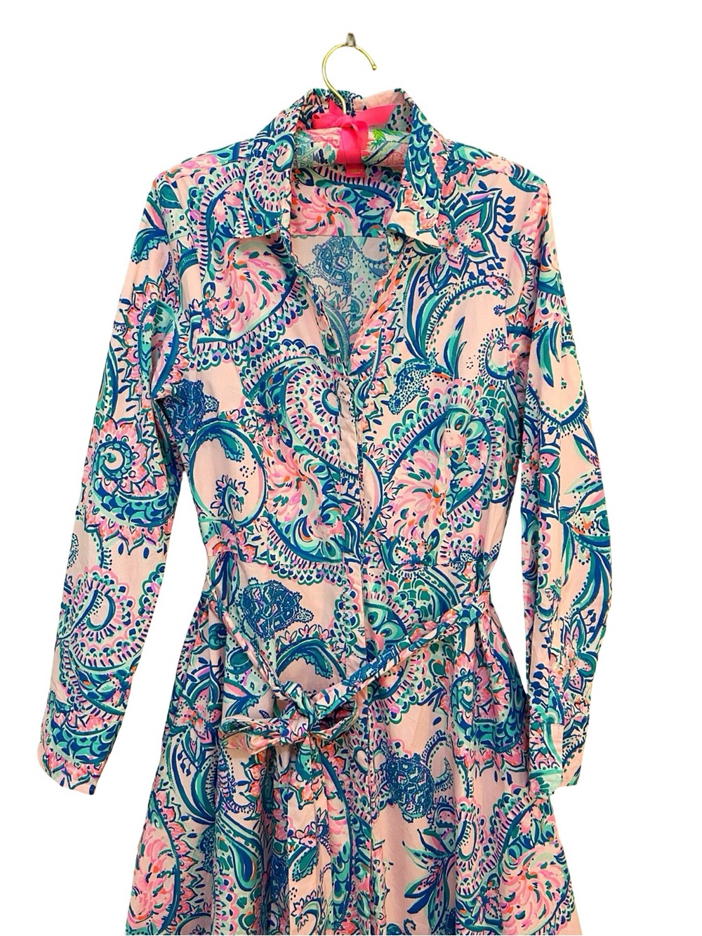 Lilly Pulitzer 12 Mira Stretch Midi Shirt Dress Pink Paisley Tangerine Dream
